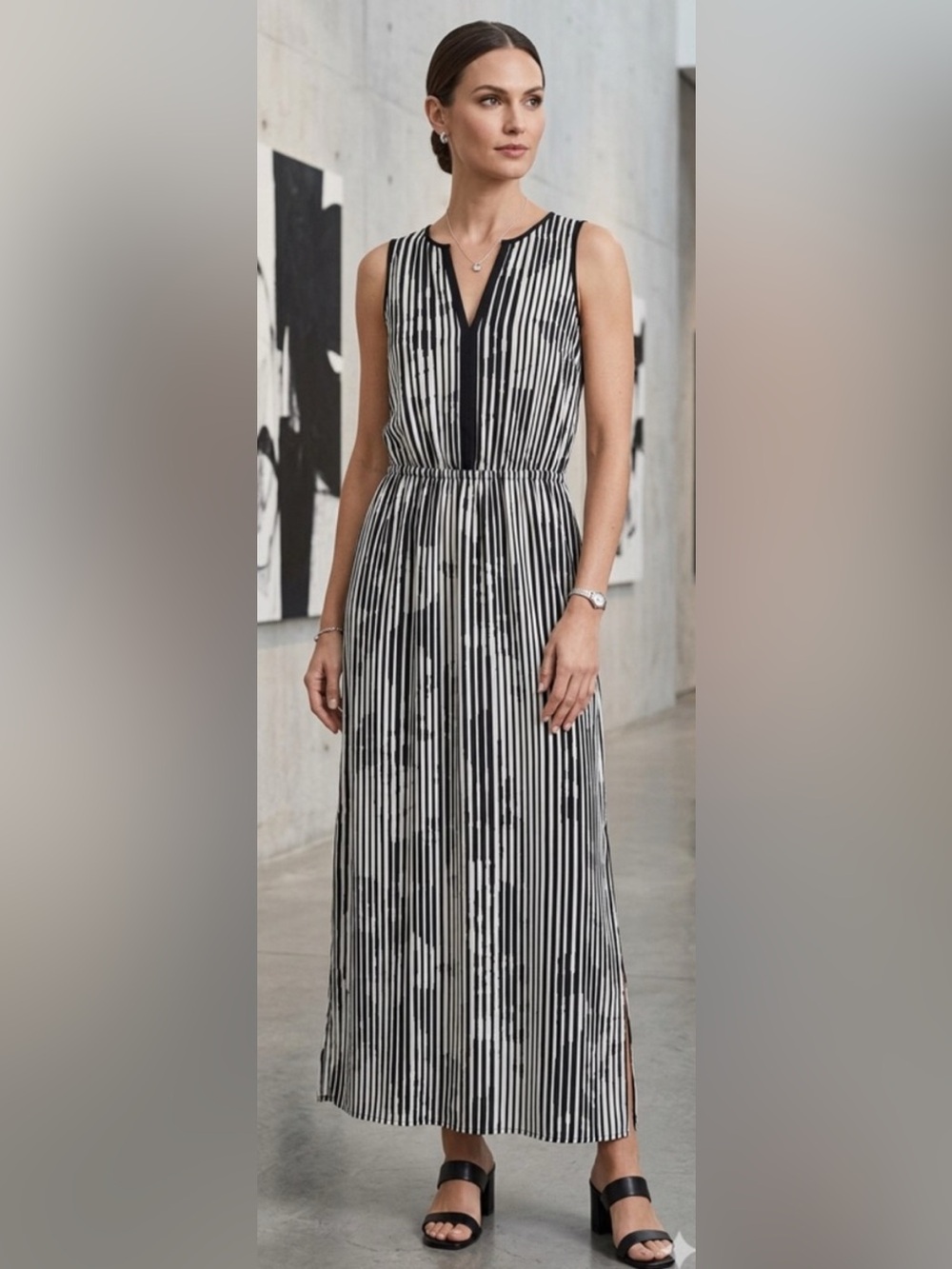 White House Black Market Striped Maxi Dress Size 4 Black White Keyhole